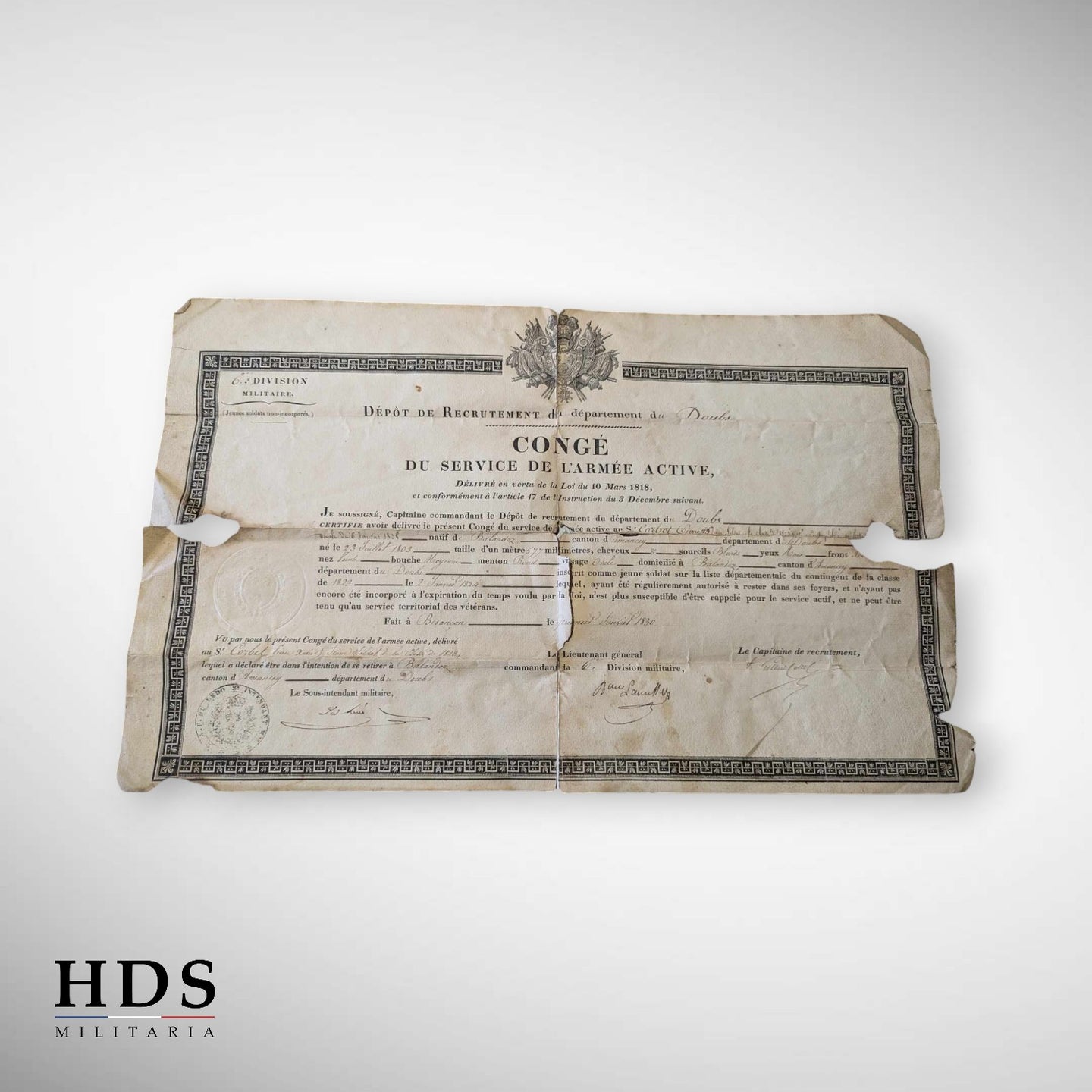 Congé du service de l'armée active 1830