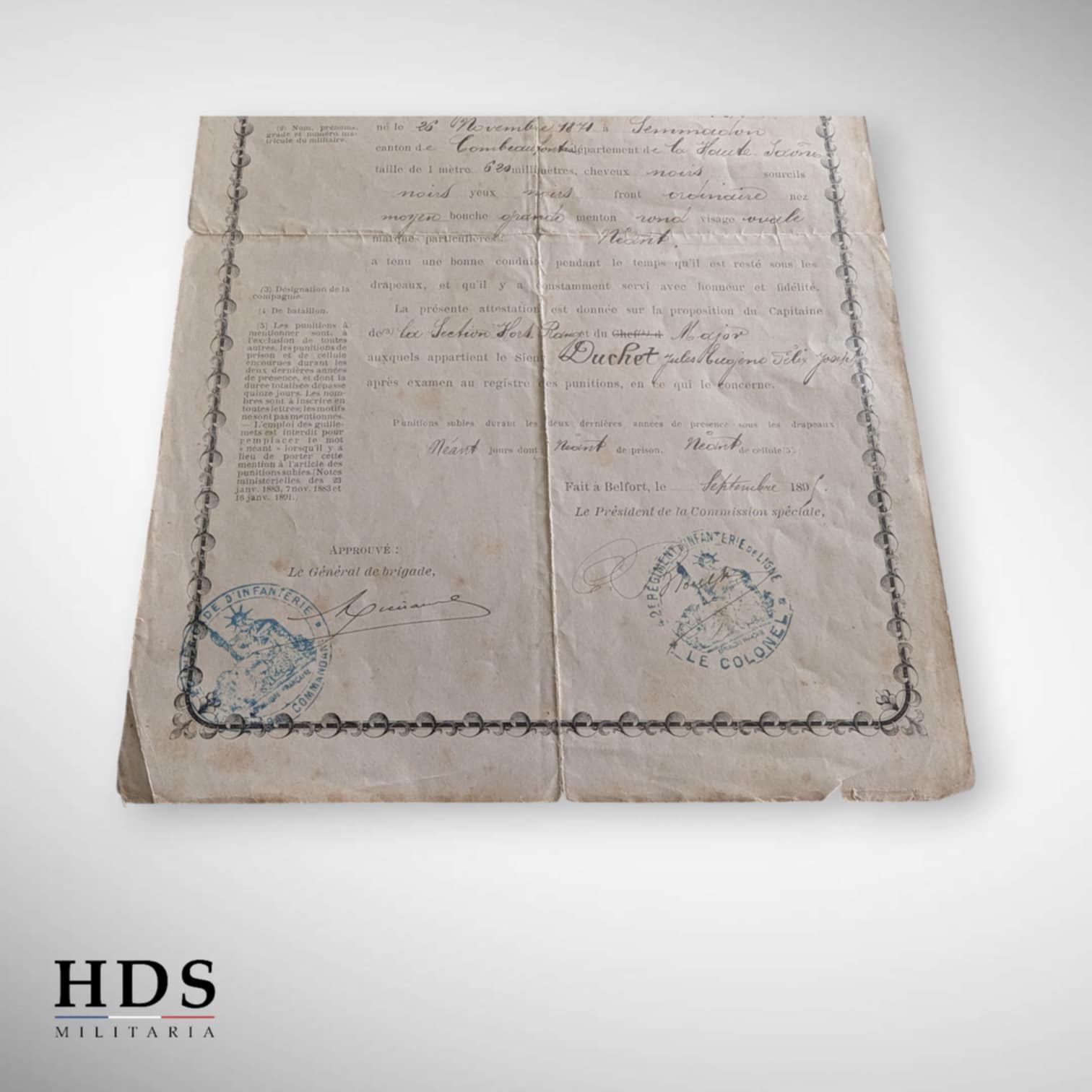 Certificat de bonne conduite 42 RI Belfort 1895