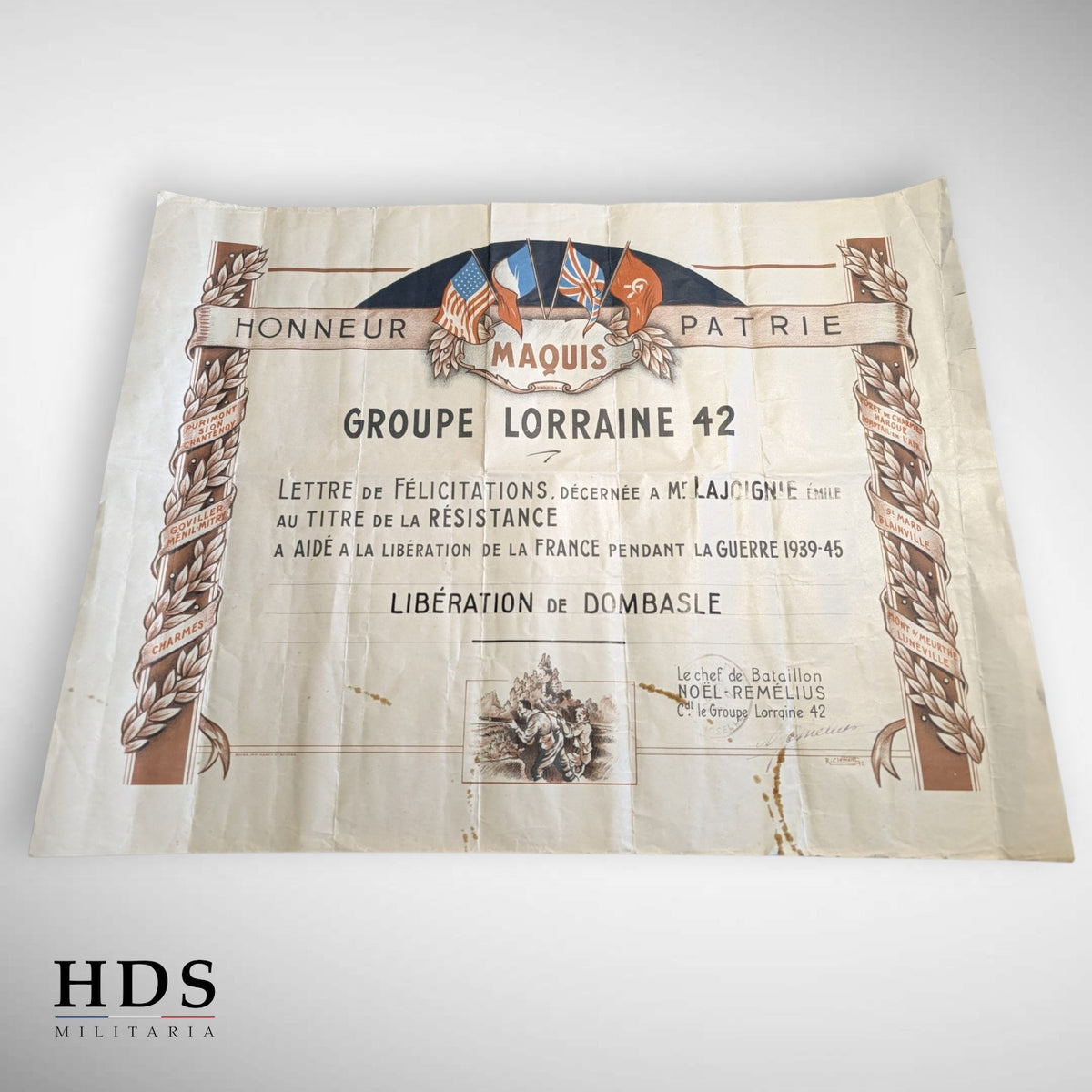 Diplôme FFI groupe Lorraine 42 Libération Dombasle ww2