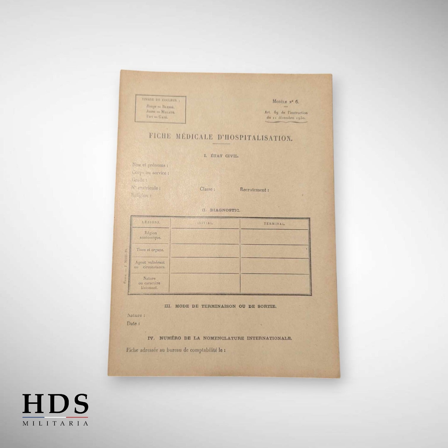 Fiche médicale d'hospitalisation France 40 ww2