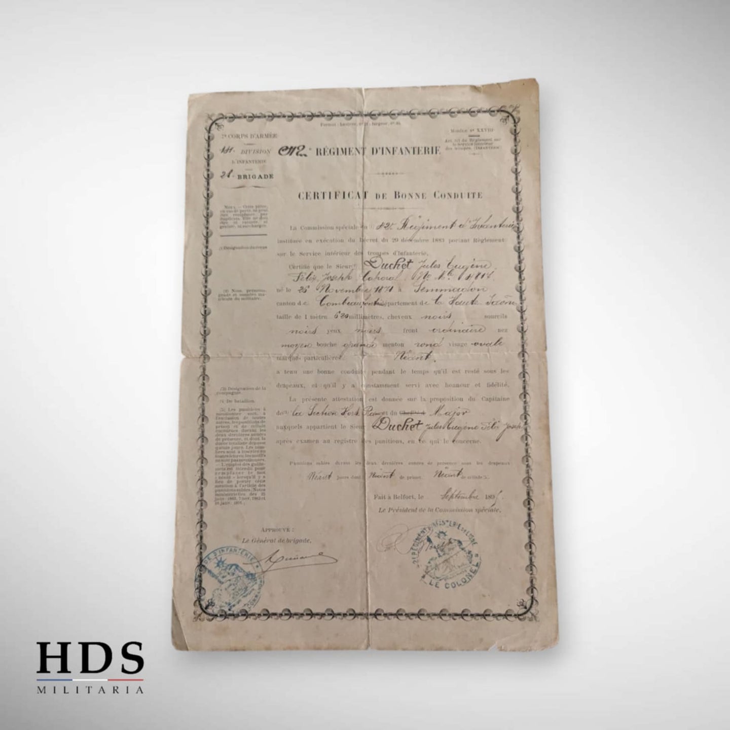 Certificat de bonne conduite 42 RI Belfort 1895