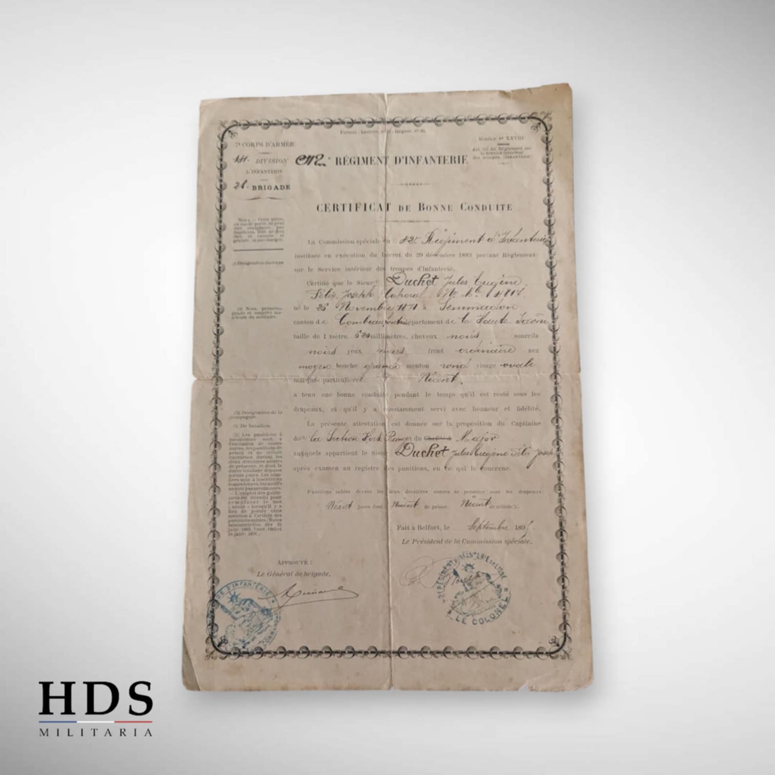 Certificat de bonne conduite 42 RI Belfort 1895