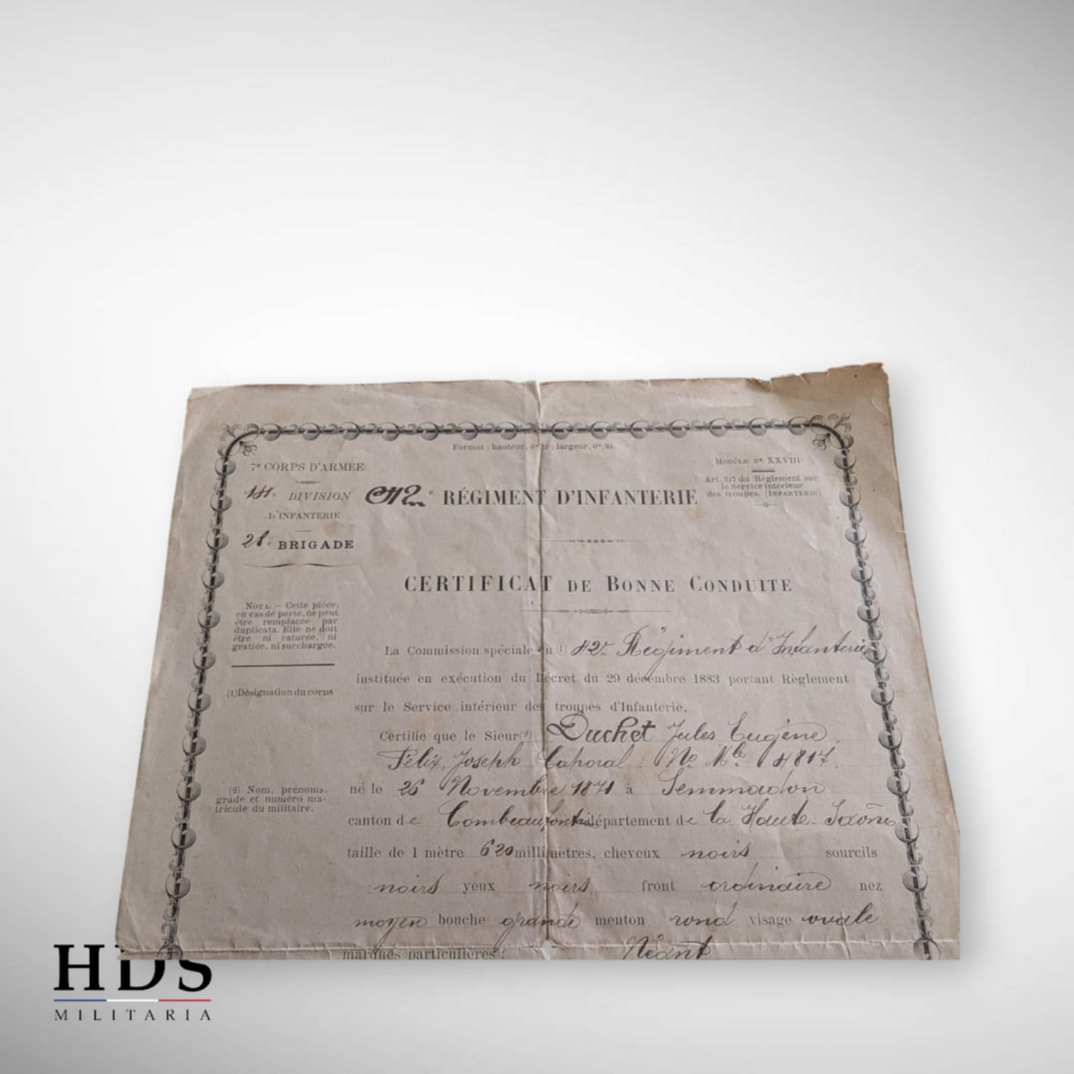 Certificat de bonne conduite 42 RI Belfort 1895