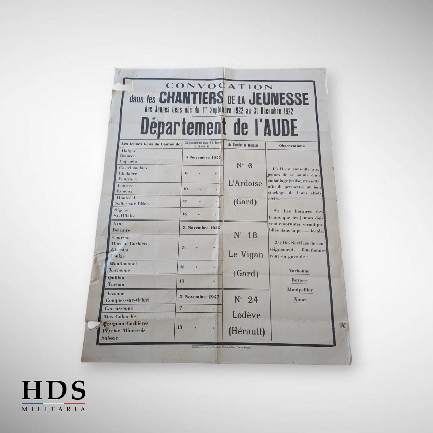 Affiche de convocation CJF de l'Aude ww2