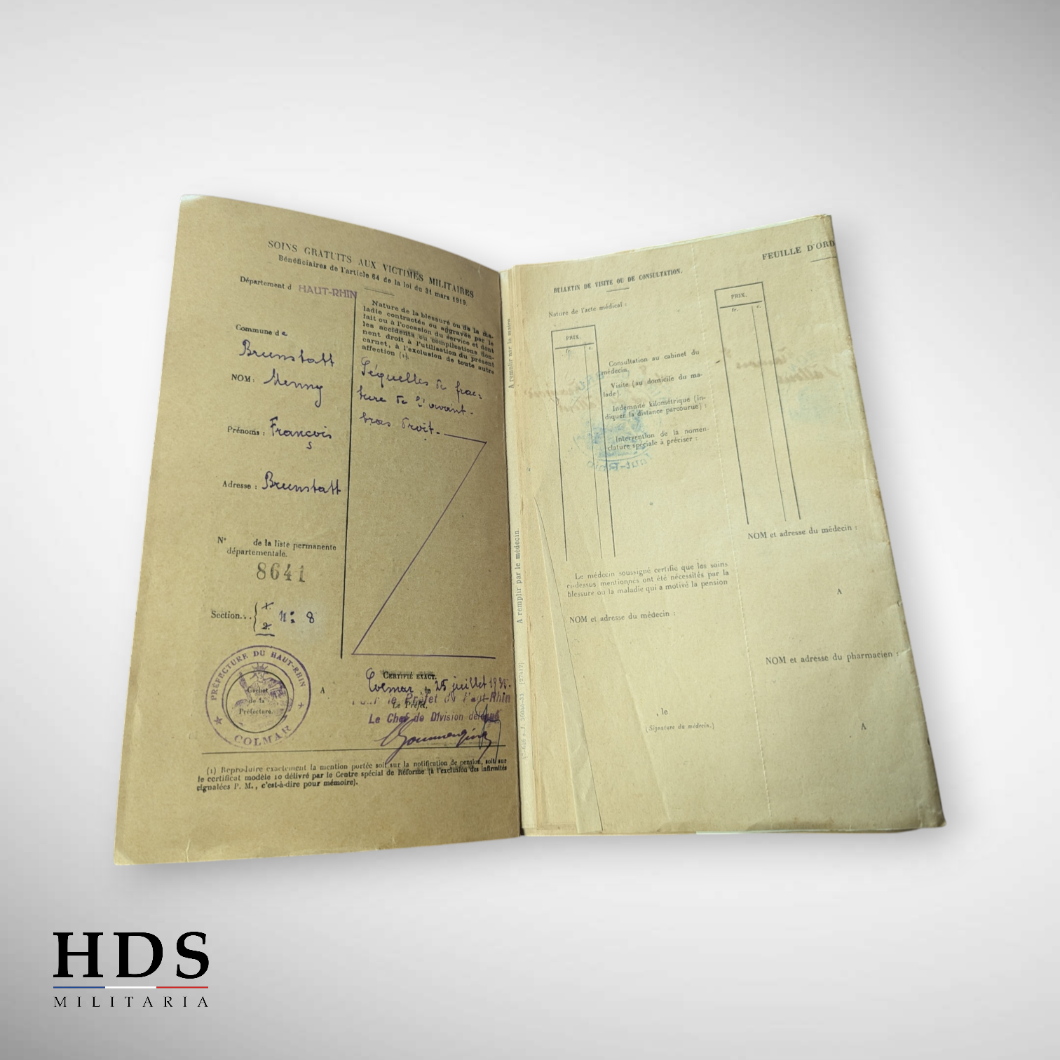 Carnet médical victimes militaires ww1 Alsace