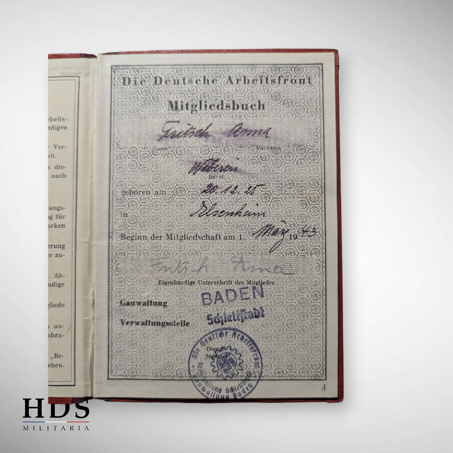 DAF booklet + Arbeitsbuch Elsenheim Alsace ww2