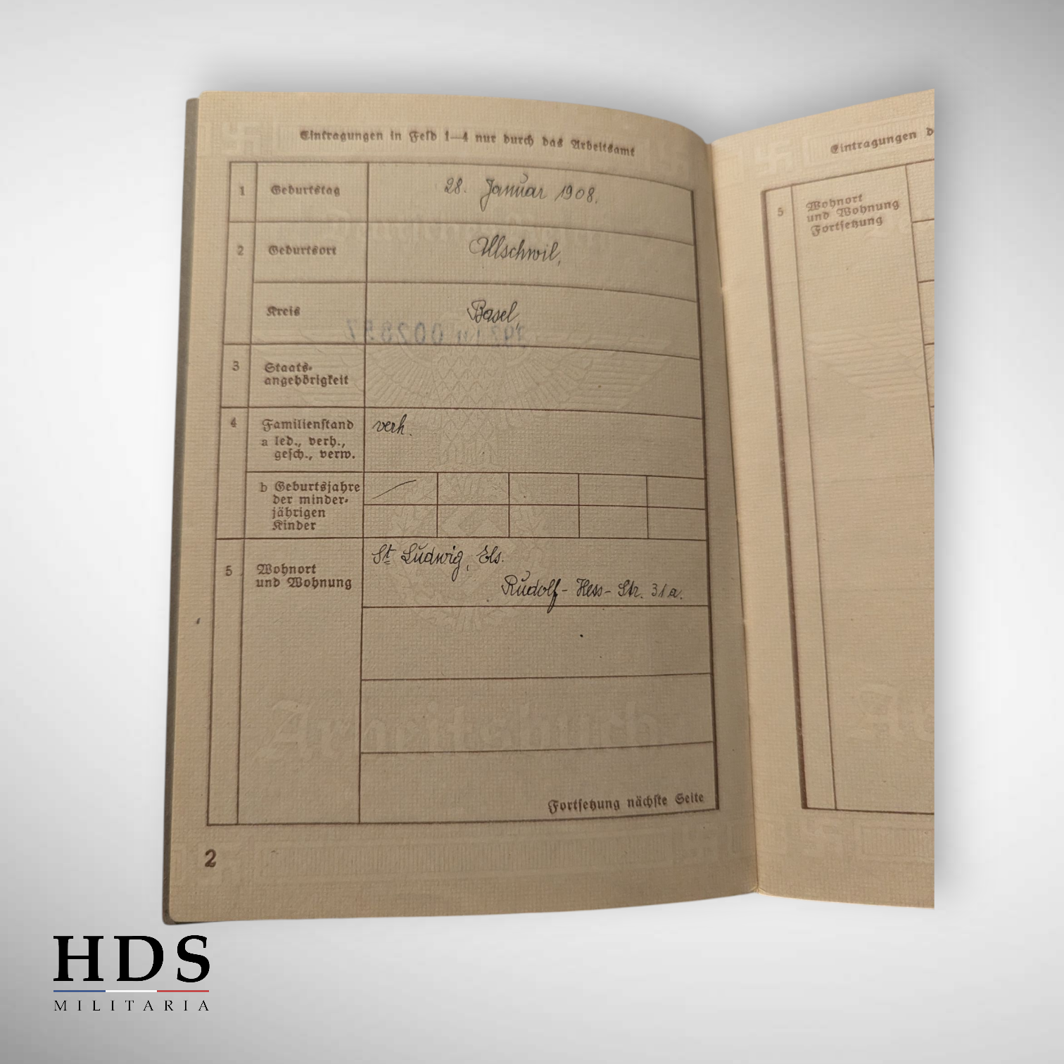 Workbook + Huningue Alsace WW2 passport