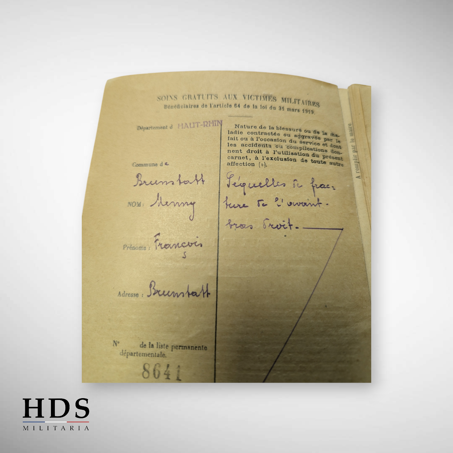 Carnet médical victimes militaires ww1 Alsace