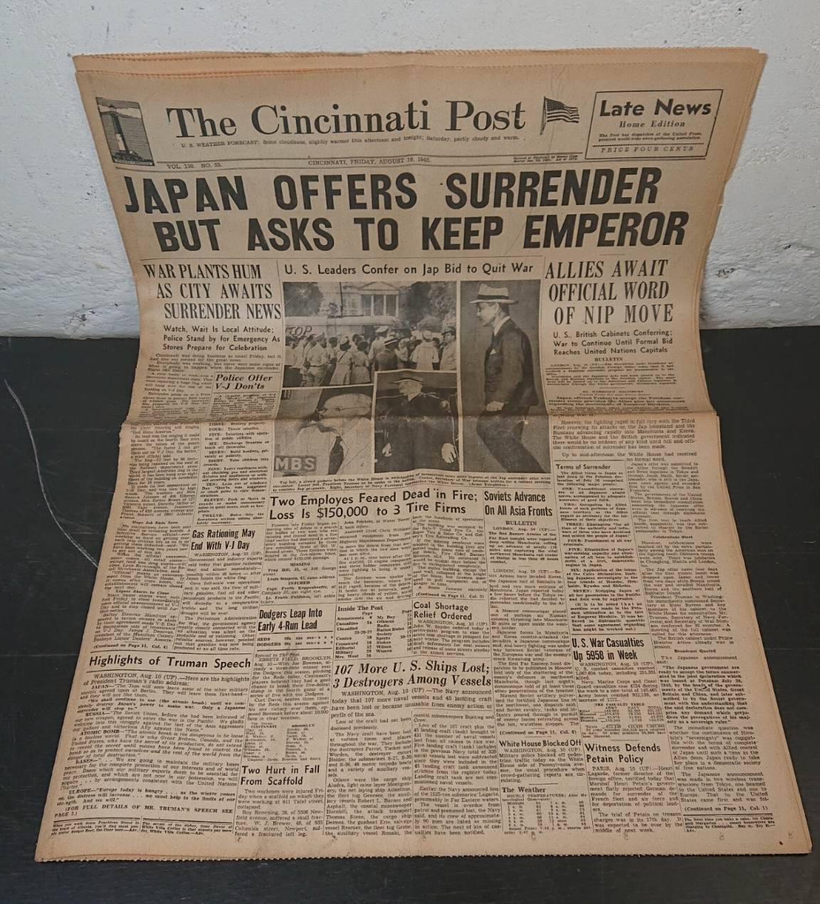 militaria : Journal US 10 Août 1944 / Japan surrender newspaper