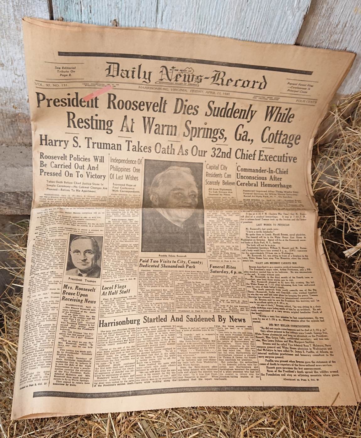 militaria : Journal US 13 Avril 1945 décès Roosevelt / ww2 newspaper Roosevelt