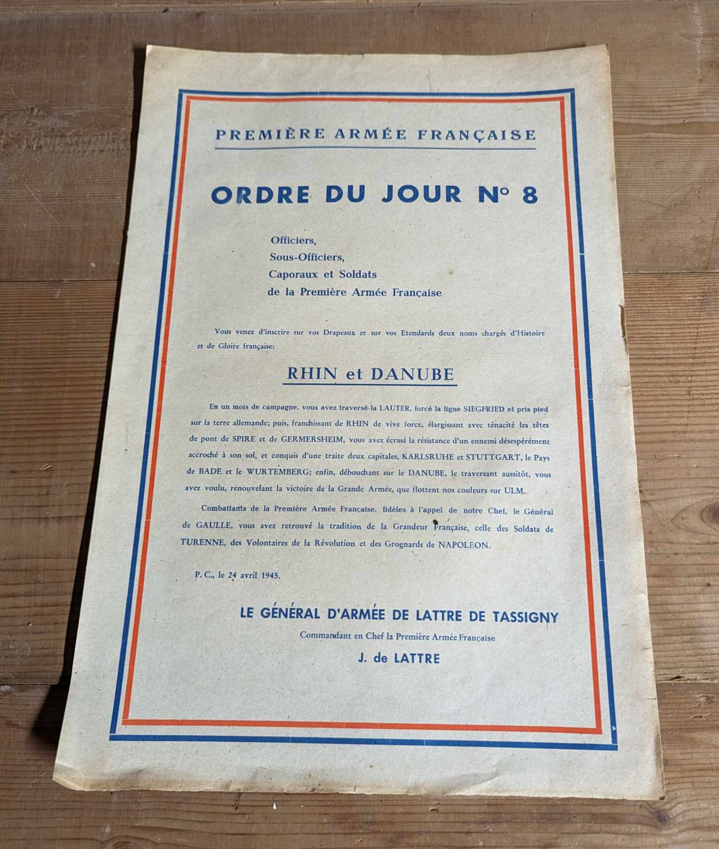 militaria : Ordre du jour 1ere armée Française / Rhin Danube information booklet