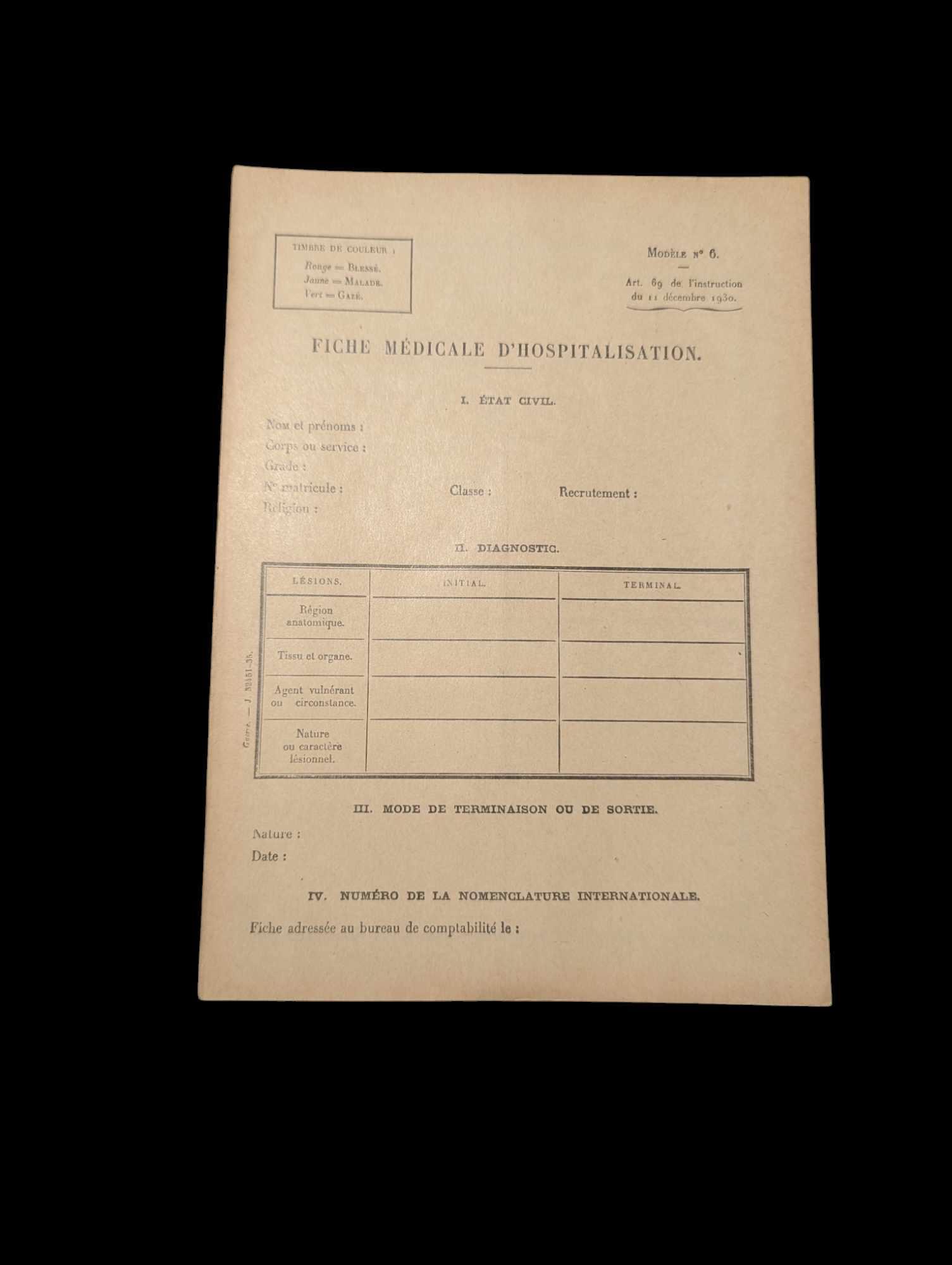 militaria : Fiche médicale d'hospitalisation France 40 / ww2 medical form