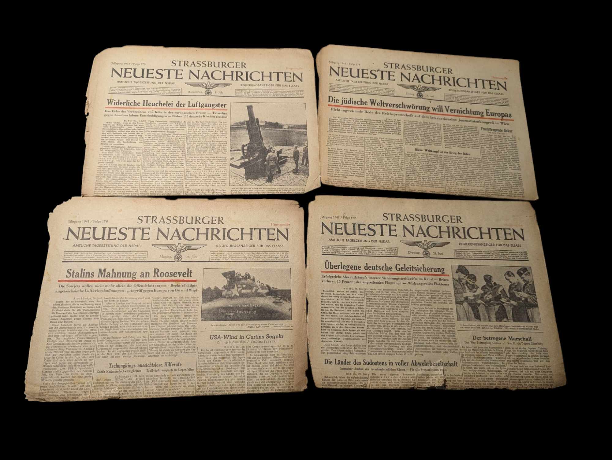 militaria : lot de 4 journaux Alsaciens 1943 / ww2 lot of 4 german newspapers