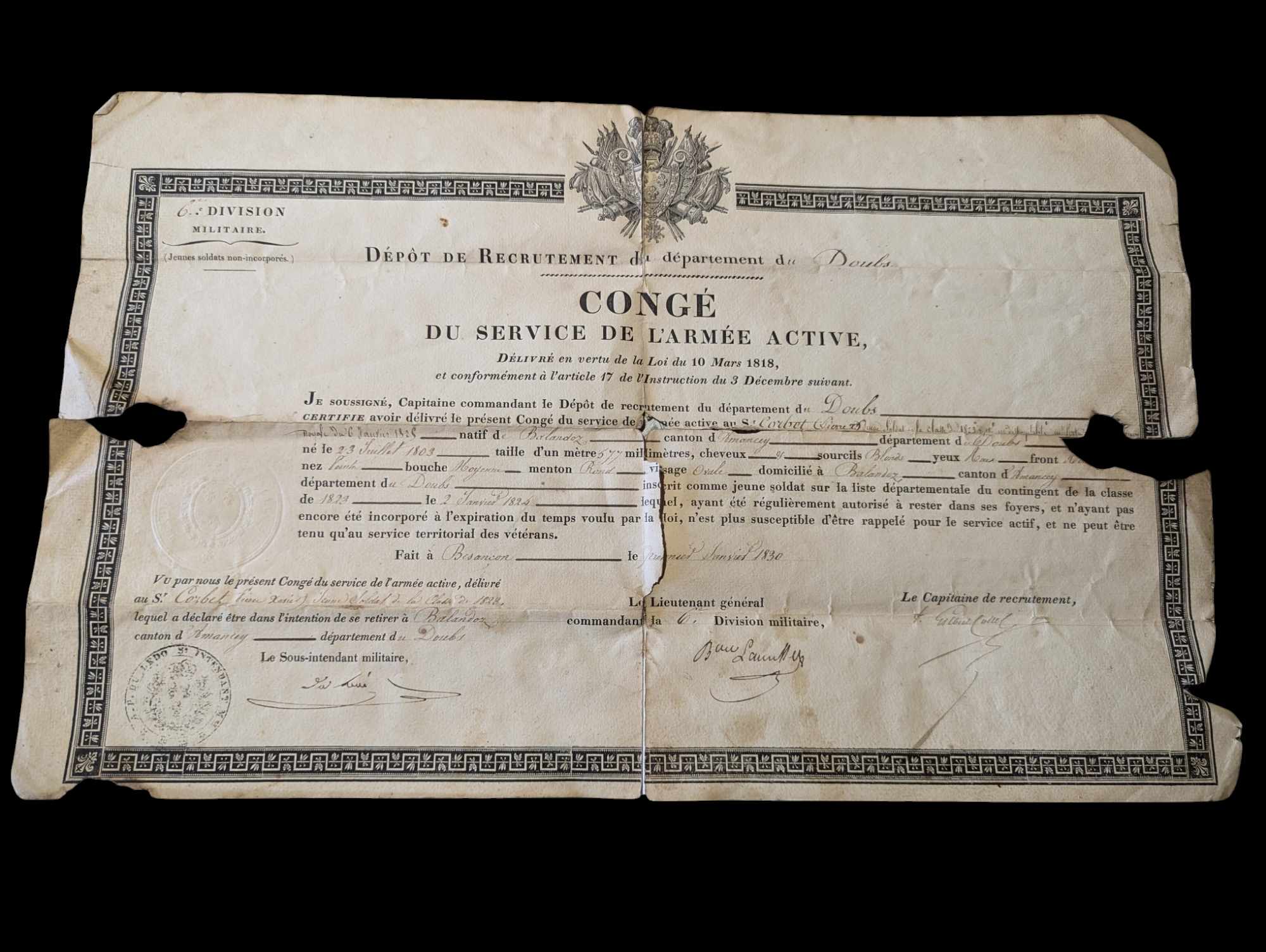 militaria : Congé du service de l'armée active 1830 / French 1830 army document