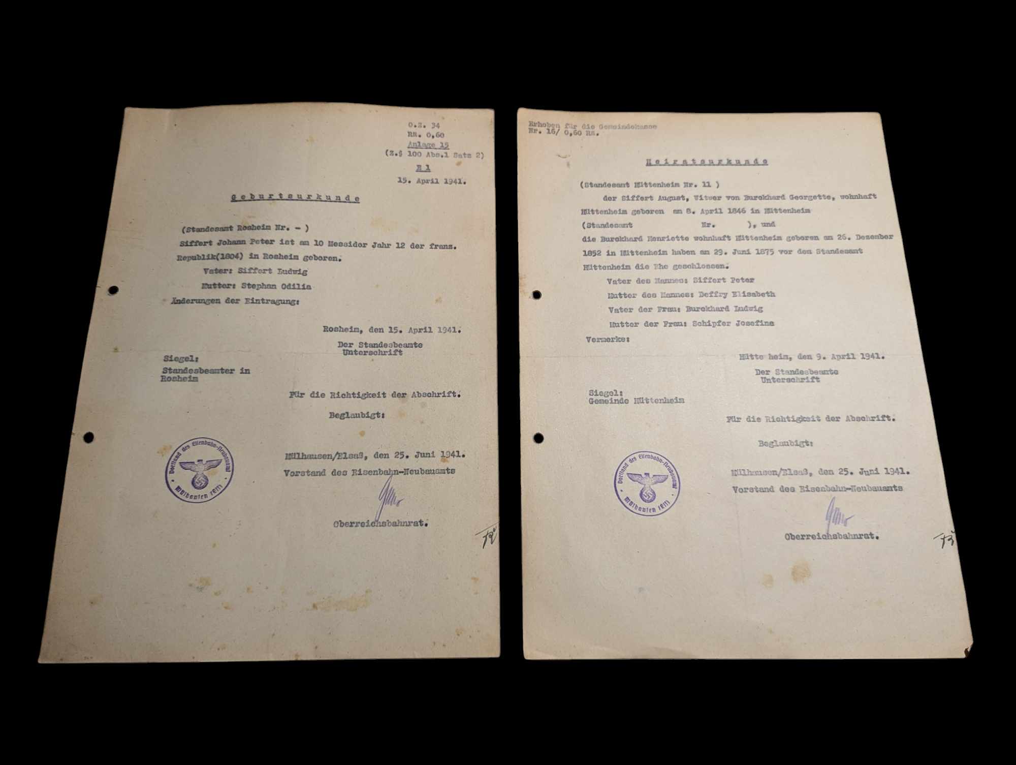 militaria : Acte de naissance + mariage Mulhouse ww2 / Alsace documents