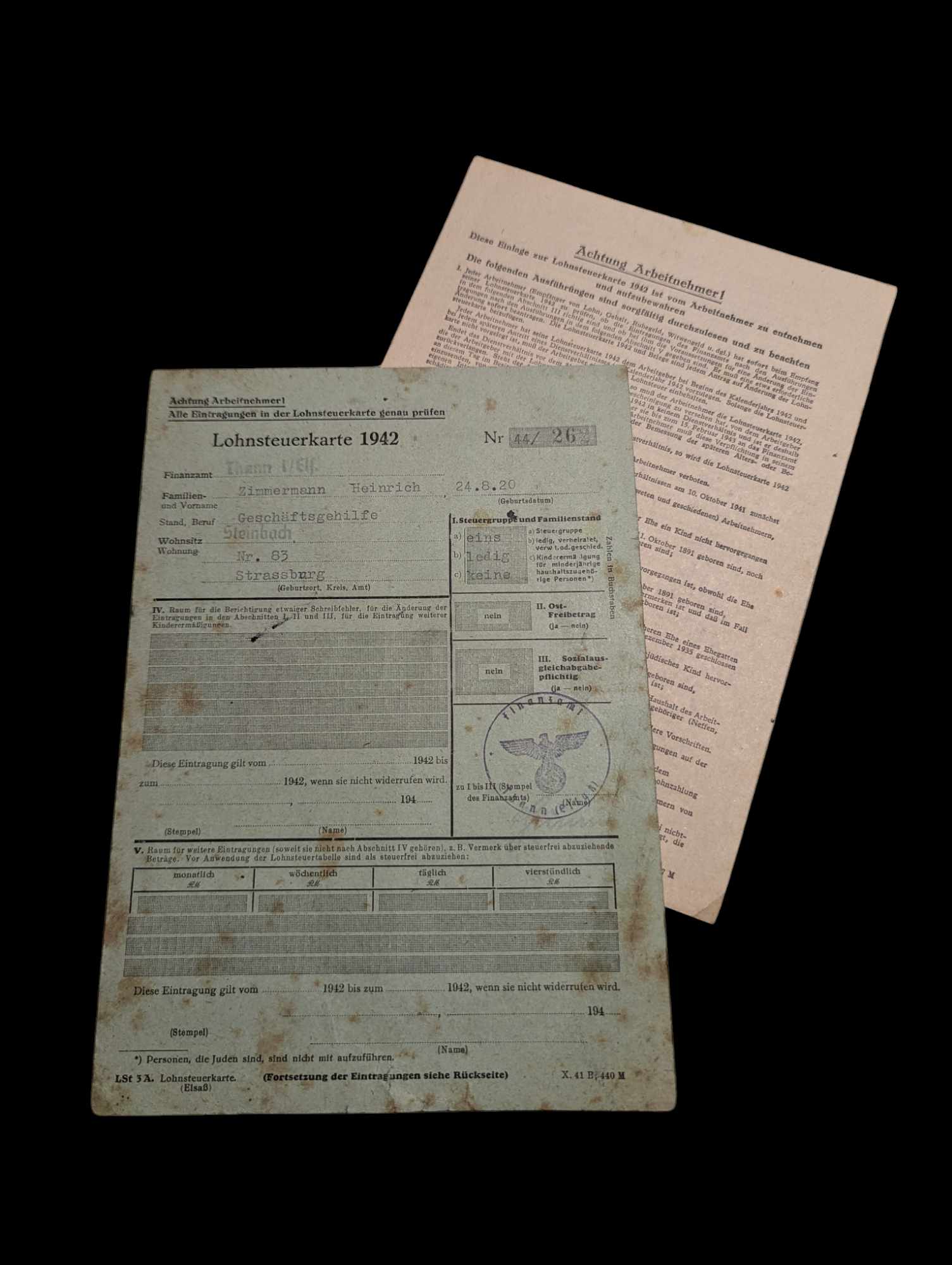 militaria : Carte impôt sur le revenu 1942 Alsace / alsace document ww2