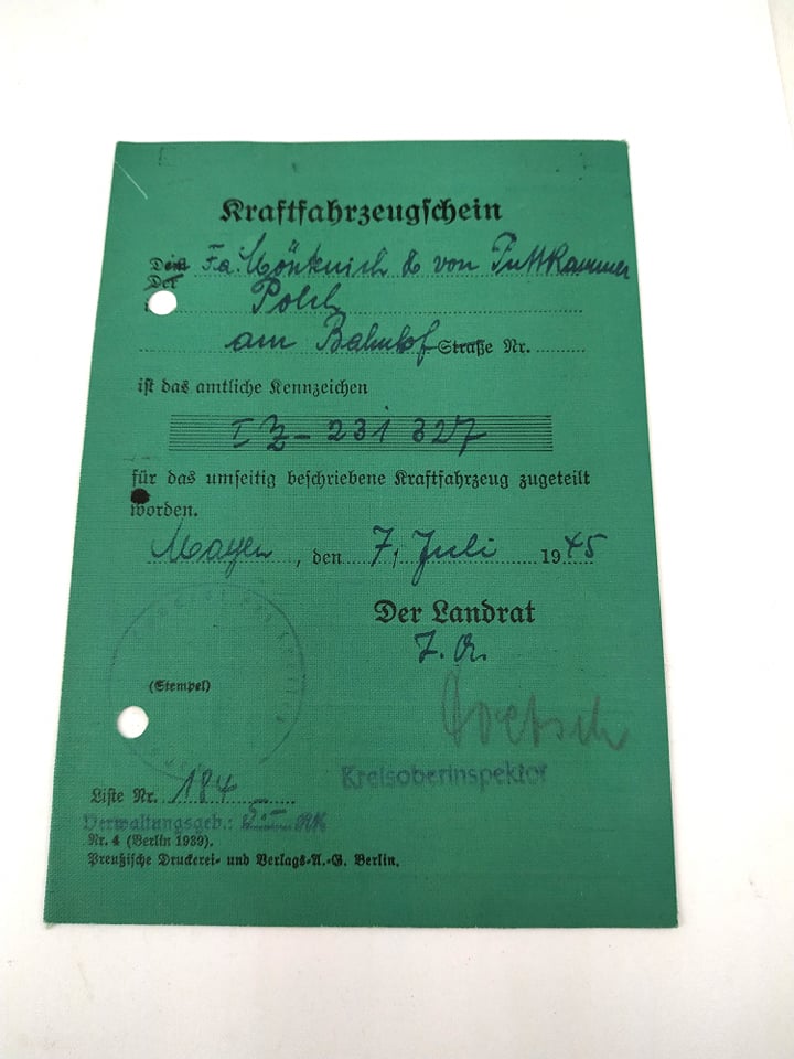 HdS Militaria Carte grise allemande 1945 / German registration document 1945