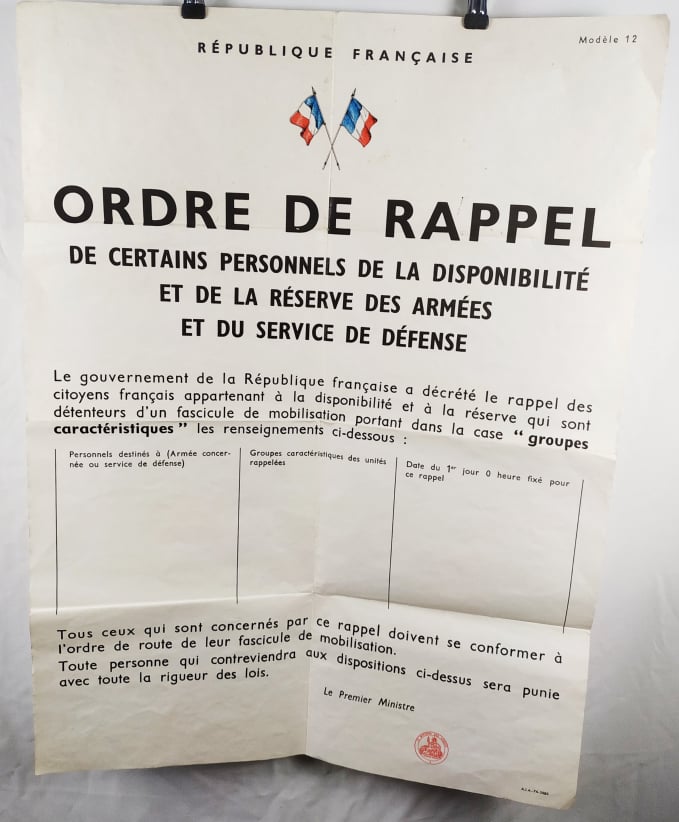 militaria : Affiche Ordre de Rappel Indochine / Indochina Recall Order Poster